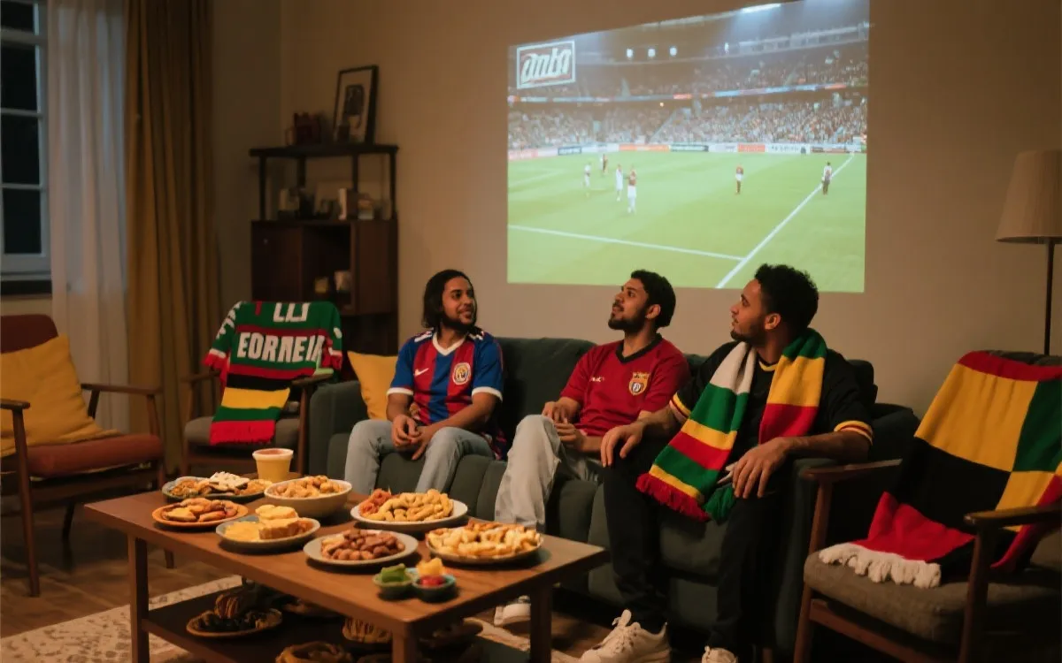 餐桌上摆着多国风味小吃与饮品，旁边放着不同国家队围巾与球衣，背景是投影比赛的客厅，温馨纪实风