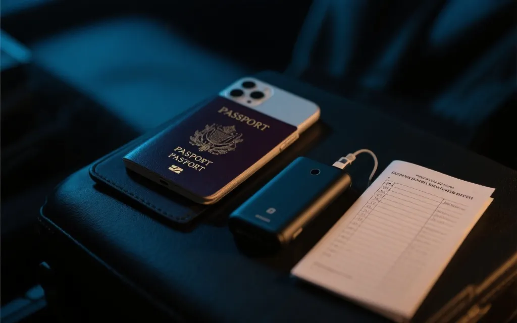 机场或球场外的灯光下，一张写着安全清单的纸与护照、手机放在一起，纪实摄影感