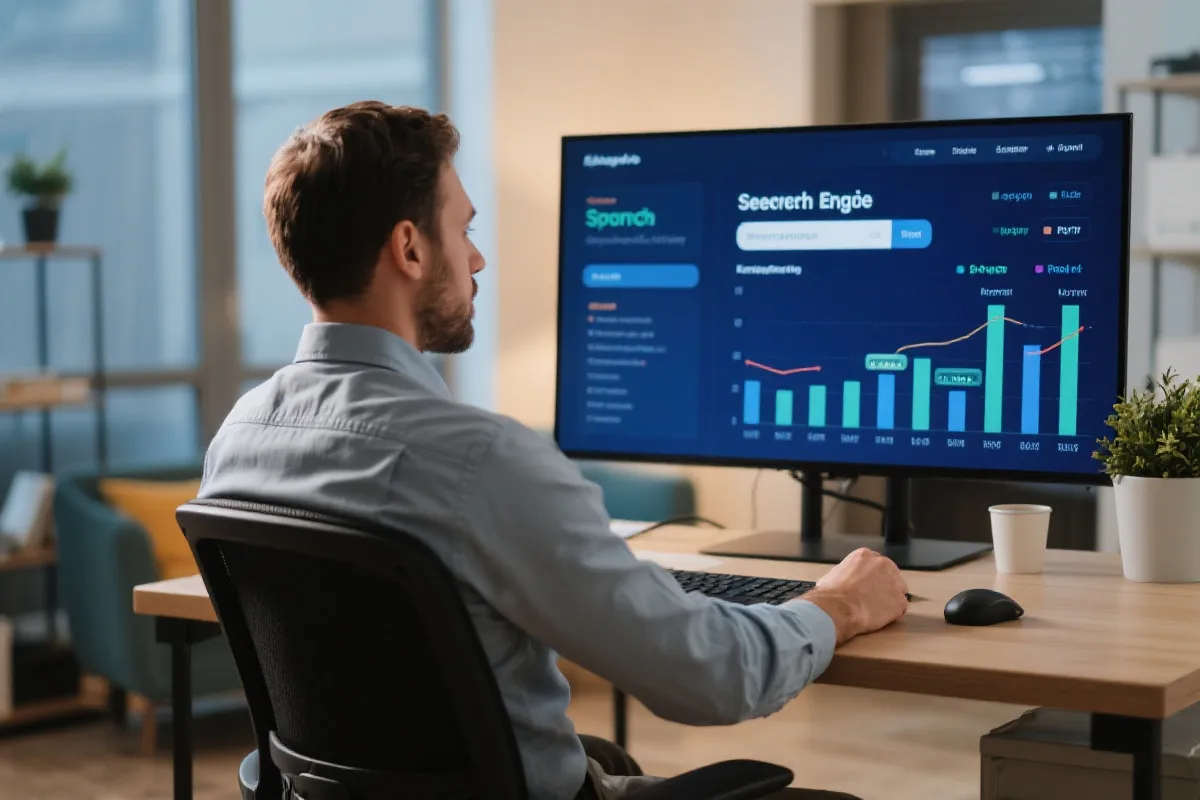 A professional SEO marketer analyzing soccer keyword trends on a modern workspace screen